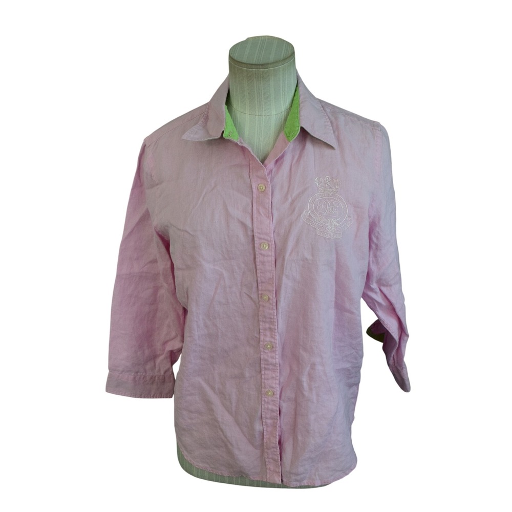 Lauren Ralph Lauren Petite Linen Shirt P/M Pink 3/4 Sleeve Crest Womens Top